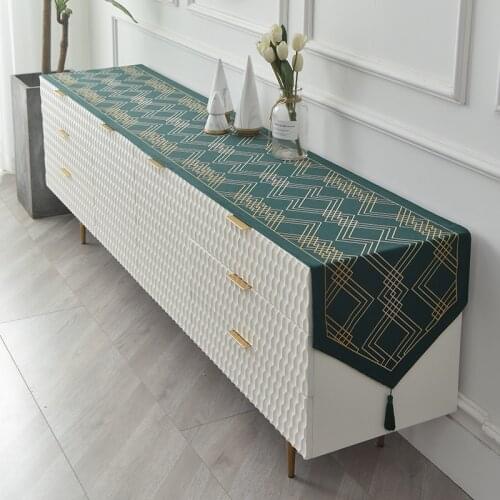 DUNXDECO Tassel Table Runner Party Long Table Cover Fabric Modern Luxury Dark Green Velvet Gold Geometric Desk Decorating