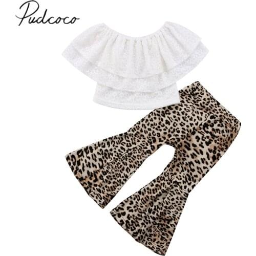 2018 Brand New Toddler Infant Kids Baby Girl Clothes Off-shoulder Lace Top T shirt+Flares Pants Bottoms Leopard Outfits Set 1-6T