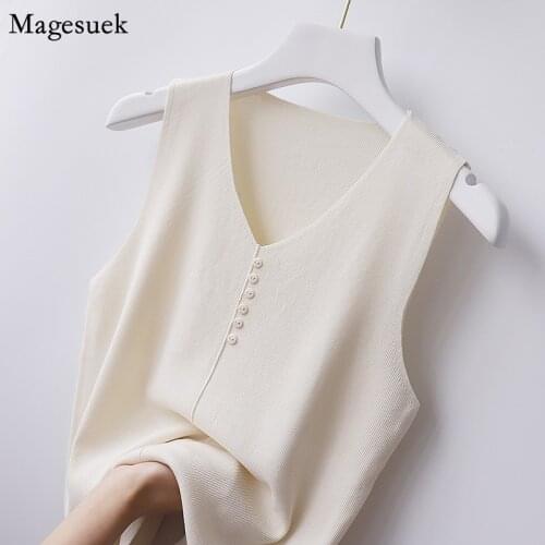 2021 New Summer Female T Shirt Solid V-neck Base Silk Womens Shirt Sleeveless Thin Loose Knitted Tee Shirt Vest Clothing 10098