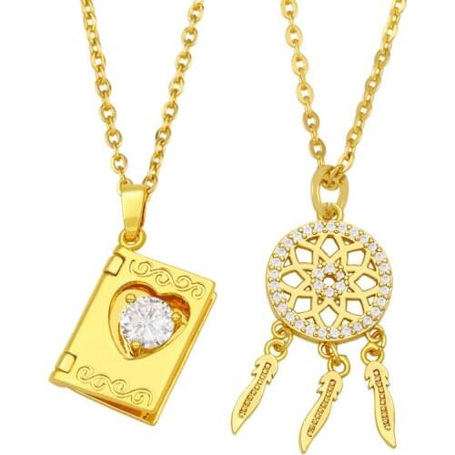 FLOLA Gold Vermeil Dream Catcher Necklace For Women Square Crystal Pendant Necklace CZ Cubic Zirconia Jewelry Accessories nkeu41