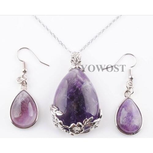 Purple Crystal Necklace Earrings Set Water Drop Reiki Natural Stone Pendant for Women Jewelry Sets Gift Classic fashion QQ3074