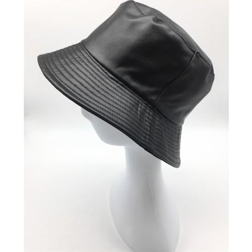 Women Men Solid Matte Black PU Bucket Hat Unisex Reversible Faux Leather and Cotton Fisherman Hat Soft Handfeel Sun Prevent Hats