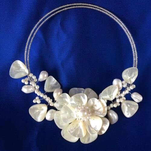 Freshwater pearl white and sea shell flower 17inch necklace ture FPPJ wholesale beads