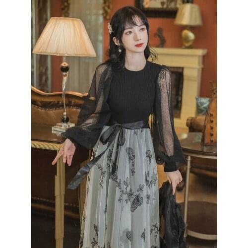 Slim Fit Three-dimensional Butterfly Embroidery Stitching Dress Knitting Stitching Mesh Polka Dot Lantern Sleeve Black Vestidos