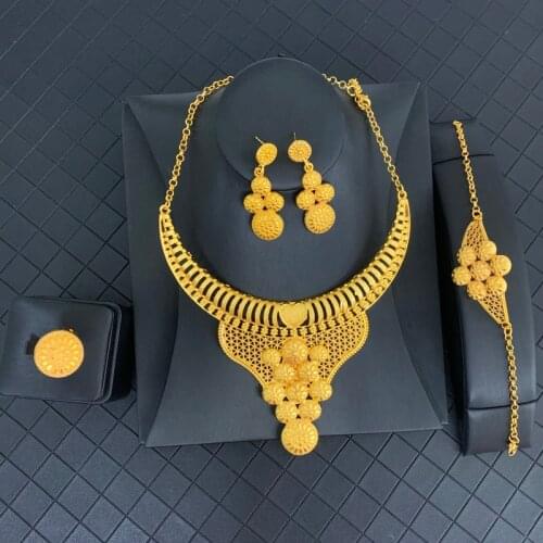 Luxury Dubai Gold Necklace Set for Bridal Necklace/Earrings/Ring/Bracelet Wedding Jewelry Sets Trendy Muslim Sets