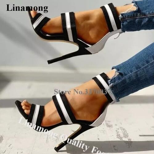 Linamong Fashion White-black Patchwork Stiletto Heel Gladiator Sandals Stripes Back Zipper-up High Heel Sandals Dress Heels