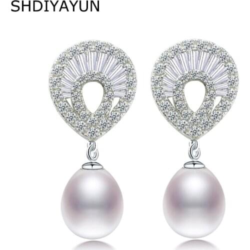 SHDIYAYUN 2019 Pearl Earrings Natural Freshwater Pearl Drop Shape Diamond Earrings 925 sterling Silver Jewelry For Women Gift