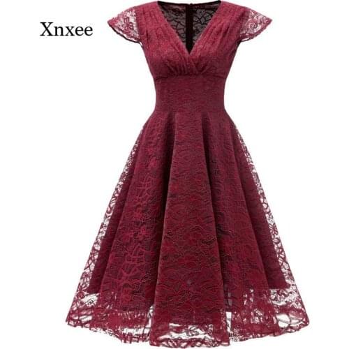 Retro V Neck Lace Dress Pink Red Elegant Party Bridesmaid Gown Women Vintage Robe Ladies Gowns Formal Dress Vestido De Mujer