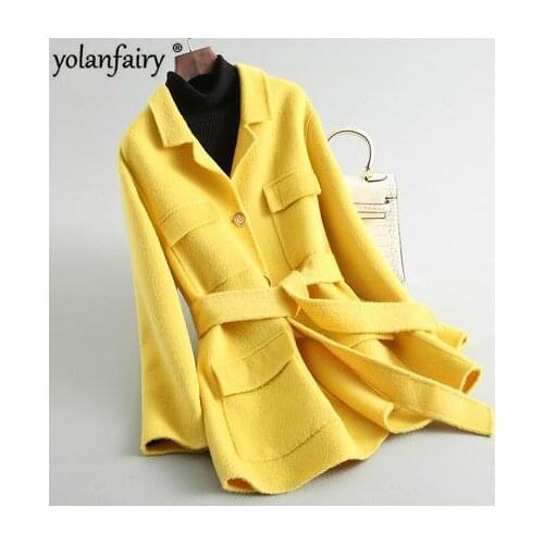 100% Wool Jacket Women Yellow Double-sided Coats and Jackets Women Autumn Winter Coat 2020 KQN20213 Abrigo Mujer Pph356