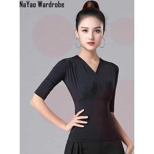 2021 New SS082 Women Latin Dance T Shirt Black V Neck Design Latin Dancing Tops for Samba Tango Chacha Belly Performamnce