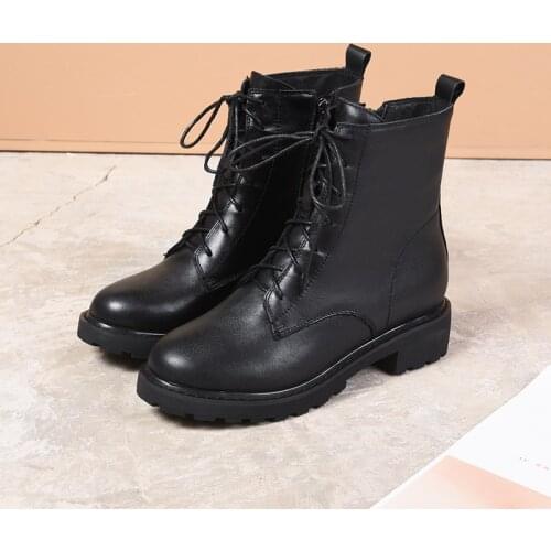 Womans Martin Boots Round Toe Lace Up Square Heels Genuine Leather Ankle Boots High Quality Handmade Zipper Warm Lady Shoes