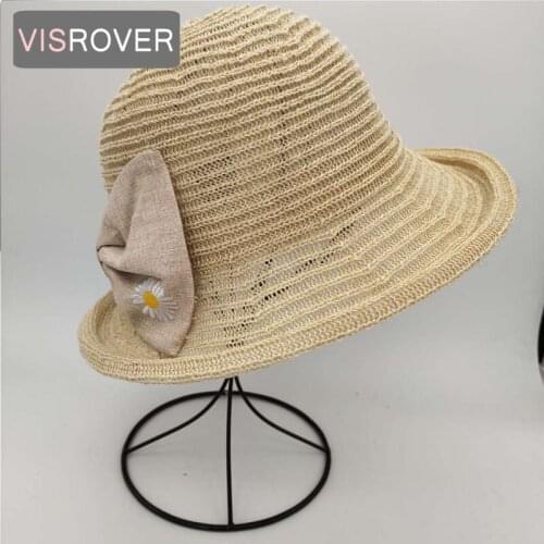 VISROVER Simple Beach flower embroidery Summer Hat Female Casual butterfly Sun Hat Women Brim Black Ribbon cotton Cap Beach Hat