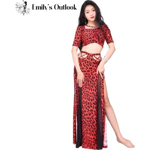 Leopard Print Sexy Women Belly Dance Wear Comfortable Belly Dance Practice Set Short Sleeve Top With Long Skirt Red Summer