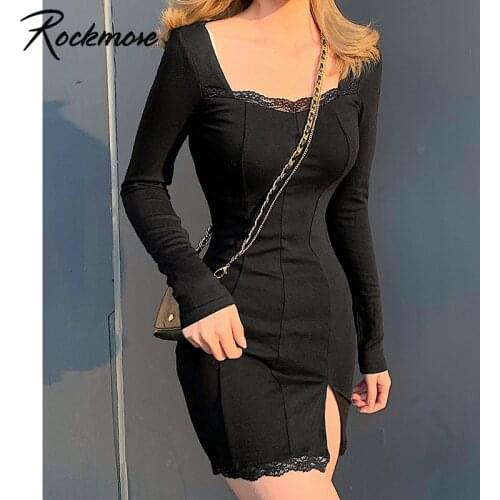 Rockmore Sexy Lace Split Mini Dress Women Elegant Bodycon Long Sleeve Square Collar Dresses Party Short Dress Ladies Vedtidos