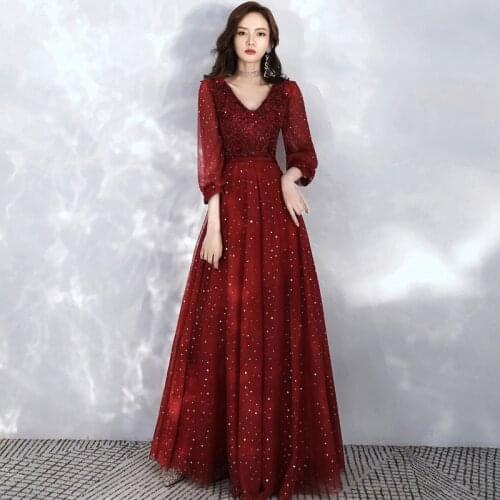 New red long full sleeve sequined lady girl women princess bridesmaid banquet party ball prom dress gown free shipping