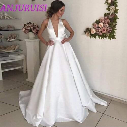 ANJURUISI Sexy Deep V-neck Wedding Dress White Ivory Satin Bridal Dress Backless Robe De Maria Detachable Bow Vestido De Noiva