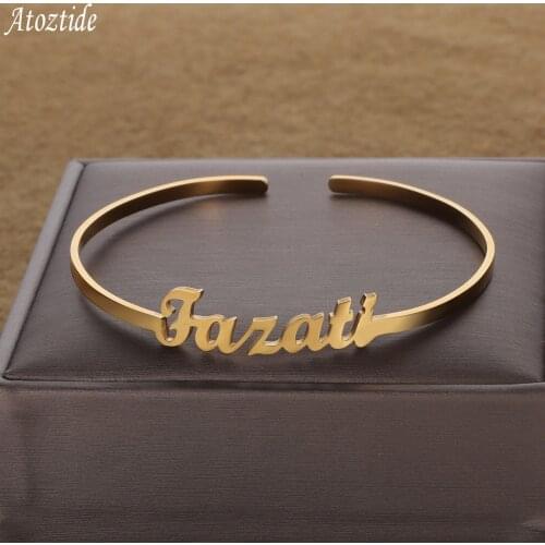 Atoztide Personalized Custom Name Letter Fashion Bangle Stainless Steel Couple Gold Bracelet for Women Jewelry Birthday Gift