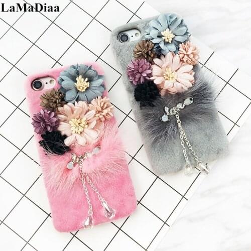 LaMaDiaa Flower Plush Mink Fur Case For iPhone 12 11 Pro MAX 6 7 8 Luxury Bling Diamond Furry Cases For iPhone X XS MAX XR Cover