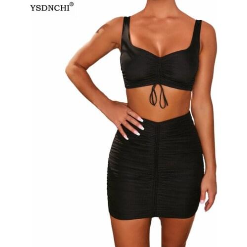 CUHAKCI Woman Skirts Knitted Drawstring Elastic Pleated Skirt Sexy Slim Adjustable Crop Tops Set Two Pieces Streetwear Mini