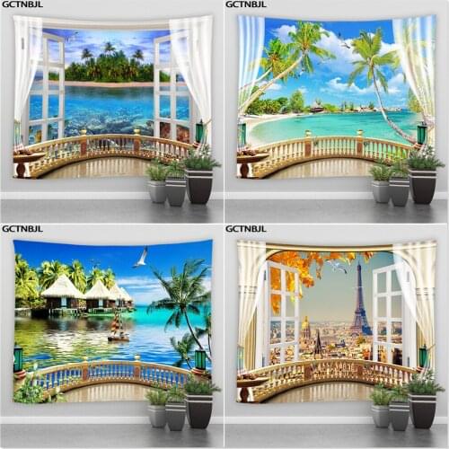 Blue Ocean Window Tapestry Hippie Beach Coconut Tree Forest Waterfall Wall Hanging Tapestries Rugs Carpet Bedroom Decor Blanket