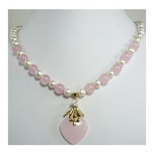 Trendy mixed white 7-8MM pearl pink Natural jade necklace +heart pendant