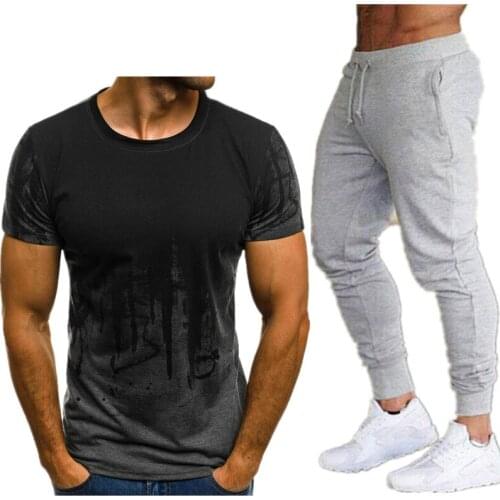 2021 Mens sets t shirts + pants two pieces sets casual tracksuit 3D print suits sportwear fitness pants