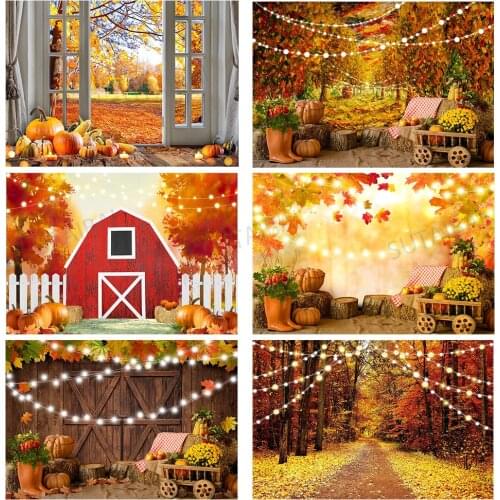 Autumn Pumpkin Maple Leaves Forest Photography Backdrop Vinyl Backgrounds Photo Studio for Baby Children Halloween Party Banner
