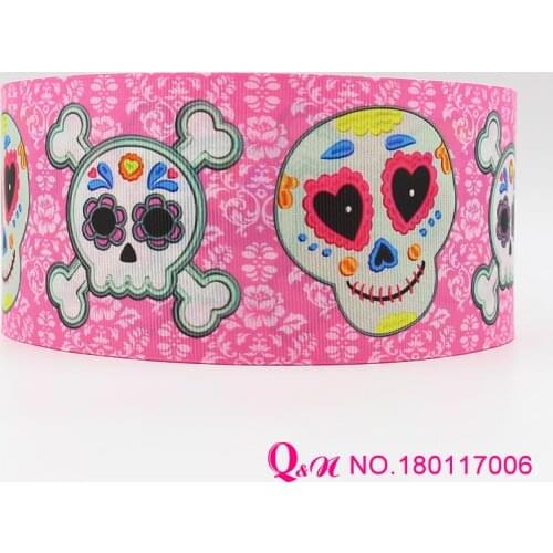 QN ribbon 16mm 22mm 25mm 38mm 50mm 75mm skull halloween printed grosgrain ribbon webbing 50yards/roll for hair tie free shipping