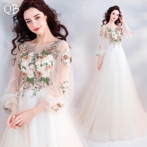 A-line Long Sleeve Tulle Flowers Appliques Beaded Elegant Formal Evening Dresses Bride Banquet Party Prom Dress XK27
