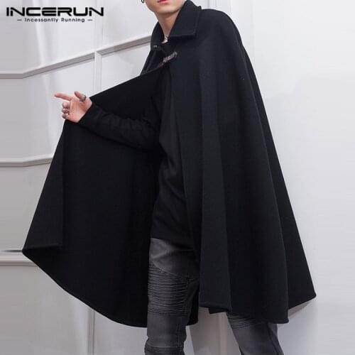 Fashion Solid Color Cape Trench INCERUN Men Lapel Cloak Coats Winter Faux Blends Overcoats Men Long Style Jackets Streetwear 5XL