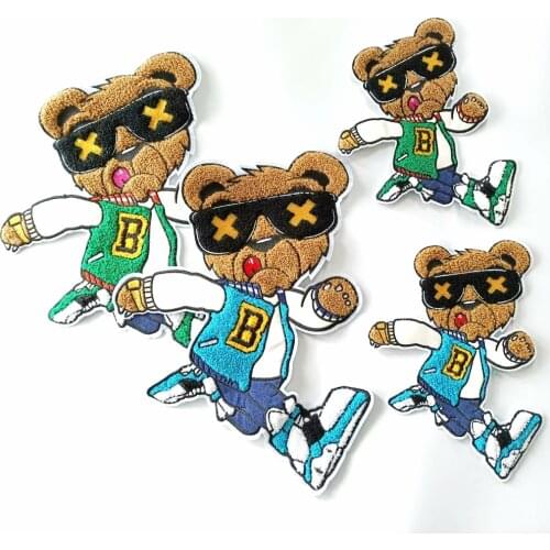 Embroidery chenille letter bear patch,running bears patches,cartoon badges appliques for clothing,DIY accessory FD-3046