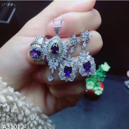 KJJEAXCMY Boutique jewelry 925 Sterling Silver Natural Sapphire Girl Necklace Pendant Ring Earrings 3-Piece Set in Sterling Silv