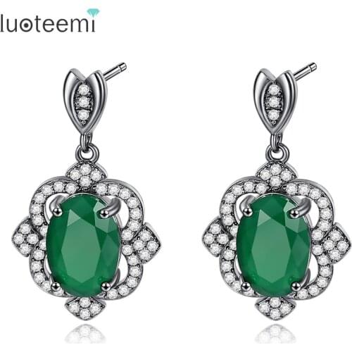 LUOTEEMI Fashion New Green Oval CZ Drop Earrings For Women Trendy Black Rhodium Luxury CZ Dangle Earrings Pendientes Tipo Gota