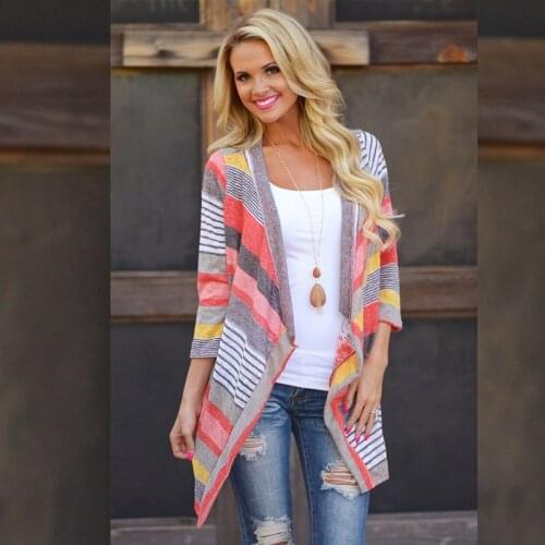 Lady Sleeve Cardigan Coat Europe And The United States Autumn Fuji Foil Striped Print Stitching Seven-Point Sleeve Cardigan Coat