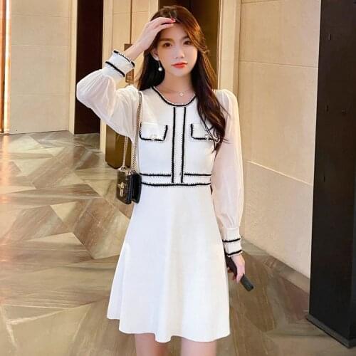 Women Knitted Party Dress 2021 Fall Winter O Neck Elegant Chiffon Long Sleeve A-Line Sweater Dress Ladies