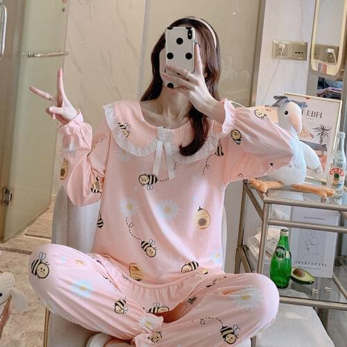 2021 WAVMIT Long Sleeve Pajamas Set Autumn Winter Cute Women Sleepwear 2Pcs Nightwear for Women Girl Sleepwear Set Long Pant