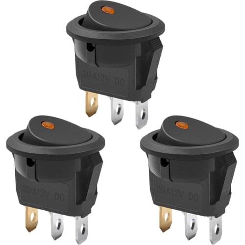3pc 12V 20A Car Truck Round Rocker Toggle LED Switch yellow Light SPST On-off Control