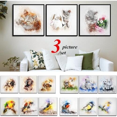 3PCS/Set Canvas Painting Triptych Dog Cat Bird Canvas Painting Poster Print Wall Art Picture For Living Room Decoration
