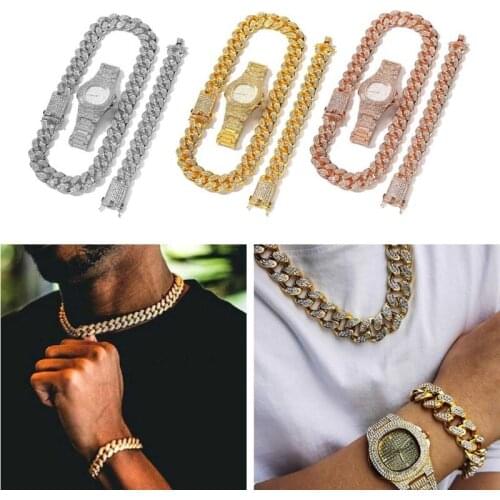 3Pcs Luxury Cool Mens Numeral Watch Kit Crystal Pave Miami Cuban Bracelet Necklace Kit Rappers Men Rock Roll Jewelry Set X4YA