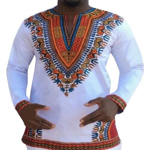 Africa Clothing Men Long Sleeve V-Neck Traditional Bazin Riche Blouse Ethnic style Fashion Design Printed T-shirt Dashiki White