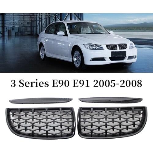 Car Front Kidney Grill,1 Pair Front Hood Diamond Grille Grill For-BMW 3 Series E90 E91 2005-2008