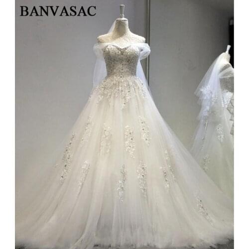 BANVASAC 2017 New Luxury Embroidery Strapless Wedding Dresses Crystals Short Sleeve Satin Court Train Lace Bridal Ball Gowns