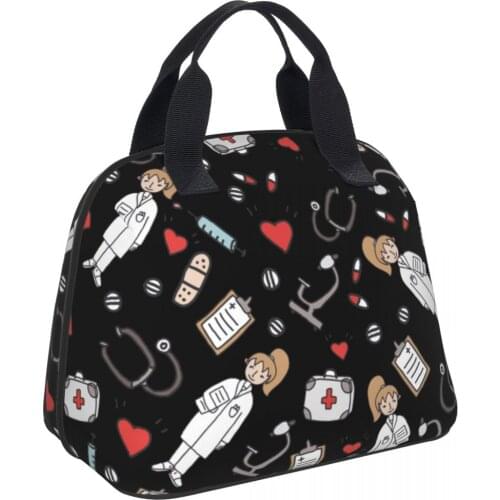 NOISYDESIGNS Shell Shape Insulated Lunch Bag Women Cartoon Nurse Print Food Case Container School Cooler Warm Large Box for Kids