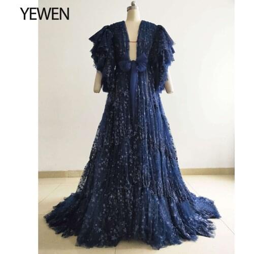 Sparkle Maternity Dress Long Open Front Ruffle Sleeve Photo Shoot Dress Short Train Maternity Gowns for Baby Shower YEWEN