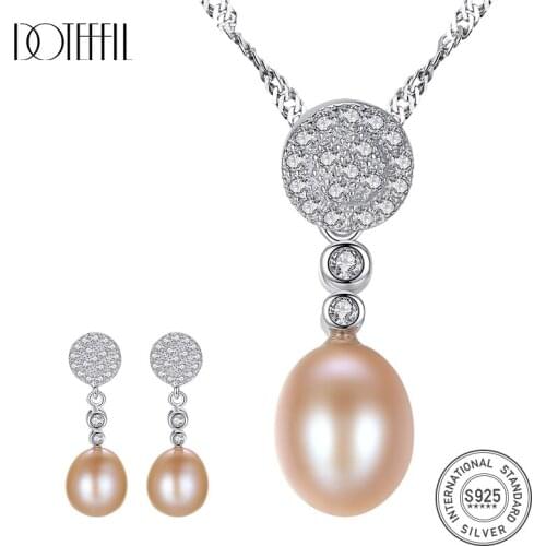 DOTEFFIL New Real 925 Silver AAA Zircon Inlay Pearl Jewelry Set Earring/Necklace Natural Freshwater Pearl Jewelry For Women Gift