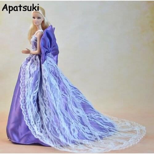 Purple Bowknot Lace Wedding Dress for Barbie Doll Clothes 1:6 Evening Party Wear Long Dresses Doll Clothes for Barbie Dollhouse