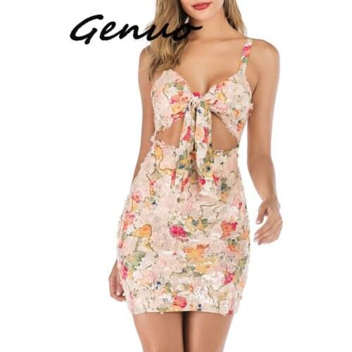 Genuo New Sexy Sequined Club Night Party Dress Lovely Underbust Tie Hollow Out Mini Wrap Dress Chic Floral Strap Backless Dress