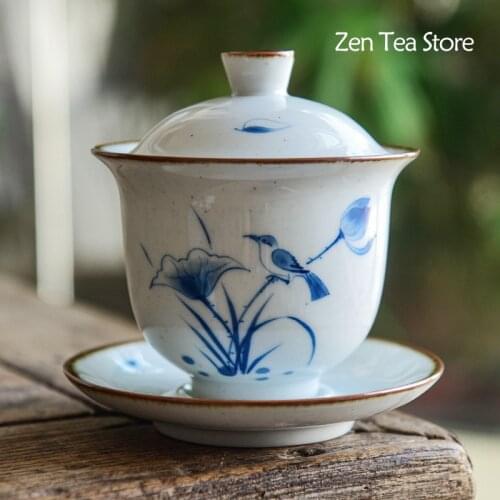 Ceramic Hand-painted Lotus Bird Sancai Cover Bowl Single Tea Cup Home Gaiwan Large Tea Bowl Cup Retro Kung Fu Tea Set Tea Bowl