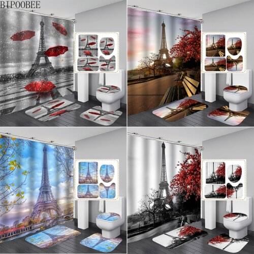 BIPOOBEE Paris Tower Print Bathroom Shower Bath Curtain Set High Quality Curtains Non-Slip Rugs Toilet Lid Cover Mat Carpet Sets