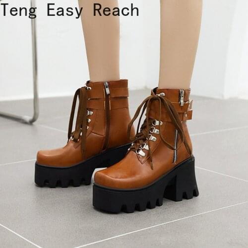 Platform Round Toe Short Booties High Heel Lace-Up Buckle Ankle Boots Winter Biker Boot Motorcycle Bottes 41